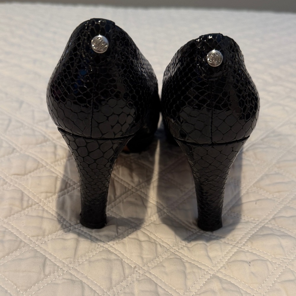 Stuart Weitzman Black Patent Python Peep-Toe Heels - image 3